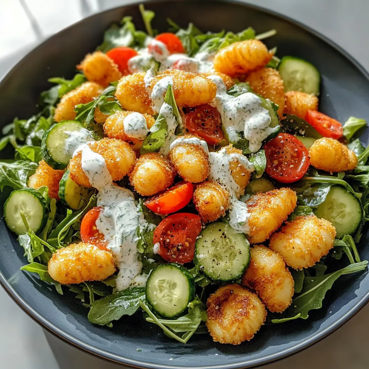 Knuspriger Gnocchi Salat mit Joghurt Dressing genieAen onprrm